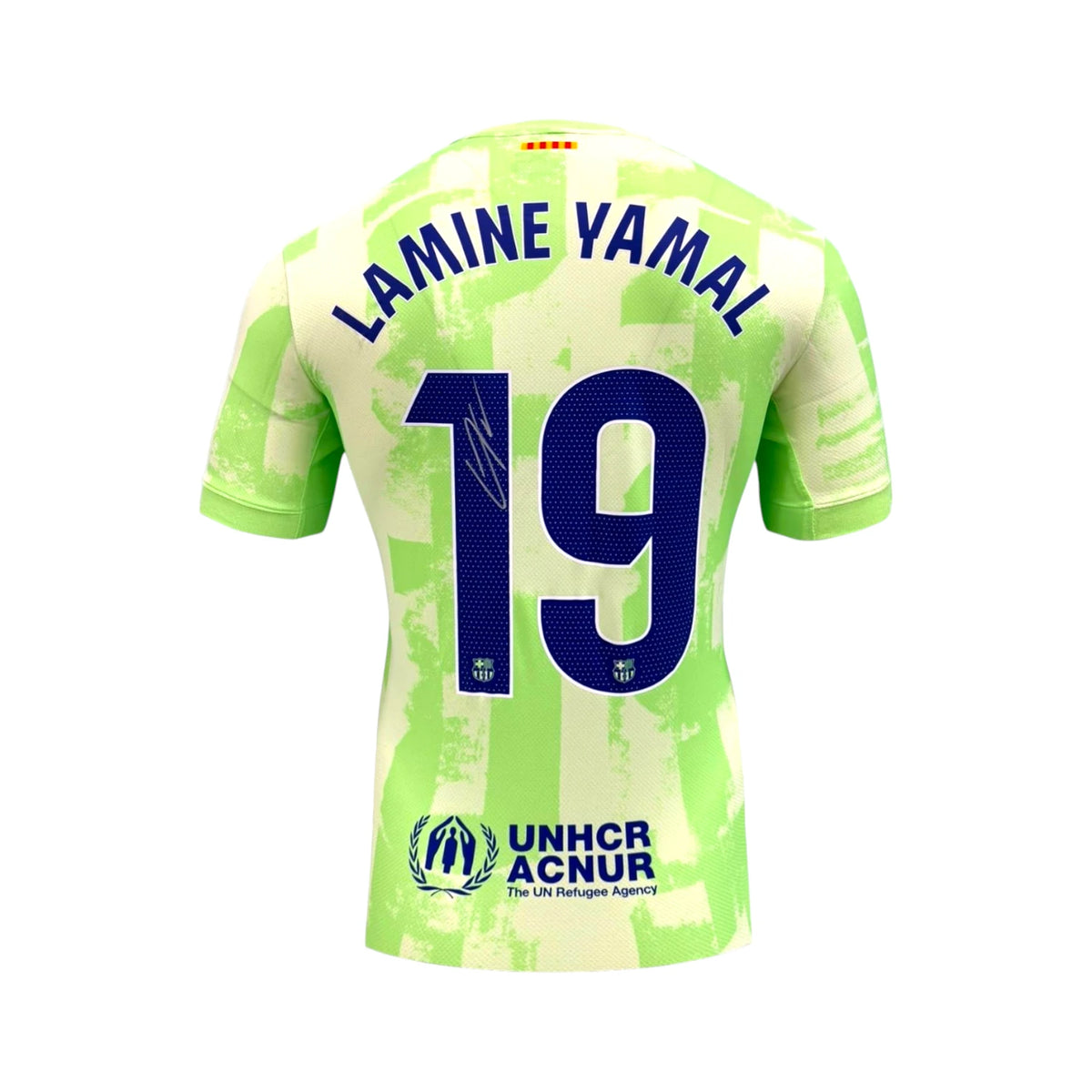 Back of a green Barcelona number 19 football shirt signed by Lamine Yamal.