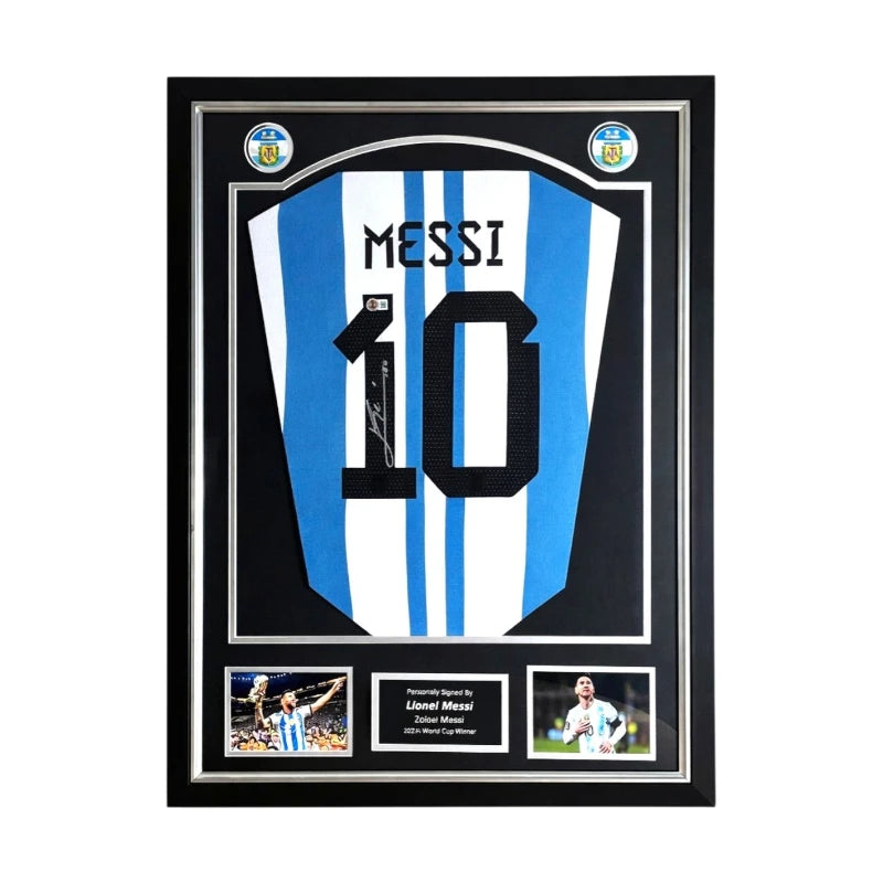 Lionel Messi gesigneerd Argentinië voetbalshirt met rugnummer 10 professioneel ingelijst in Deluxe Frame.