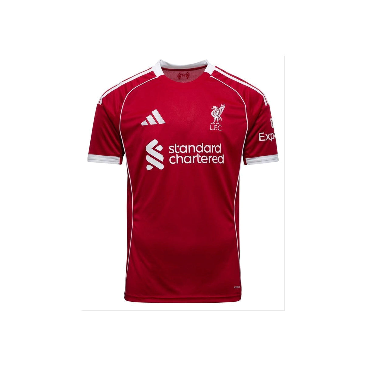 Voorkant van het rode Liverpool 2025-2026 Adidas thuisshirt met Standard Chartered-sponsor, clublogo en witte details.