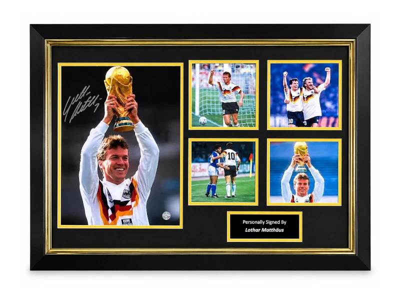Deluxe ingelijste Duitsland-fotocollage gesigneerd door Lothar Matthäus met WK-trofee, handtekening en naamplaatje. Hoofdafbeelding