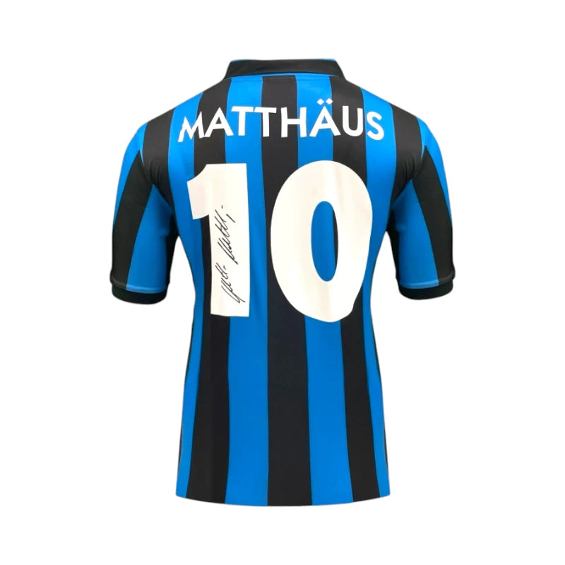 Back view of the Inter Milan 1990 home football shirt signed by Lothar Matthäus.