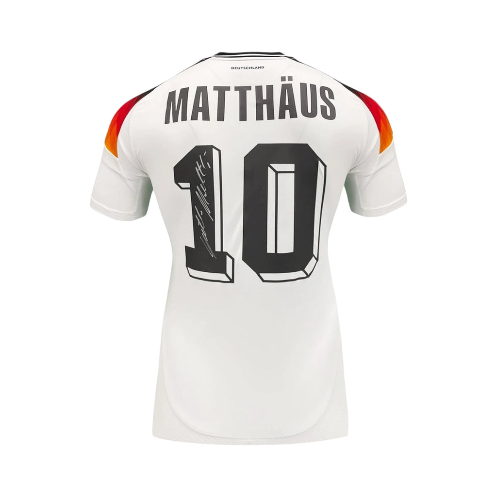 Back of a white Germany number 10 football shirt signed by Lothar Matthaus.
