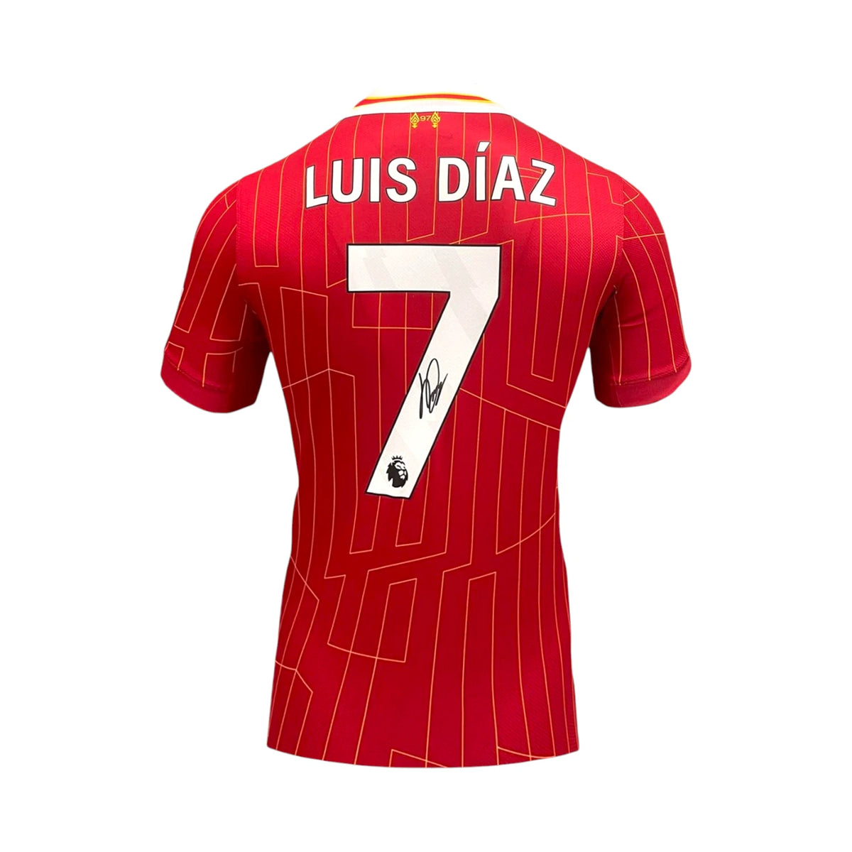 Back of a red Liverpool 2024-25 number 7 football shirt signed by Luis Díaz on the white number. Hoofdafbeelding