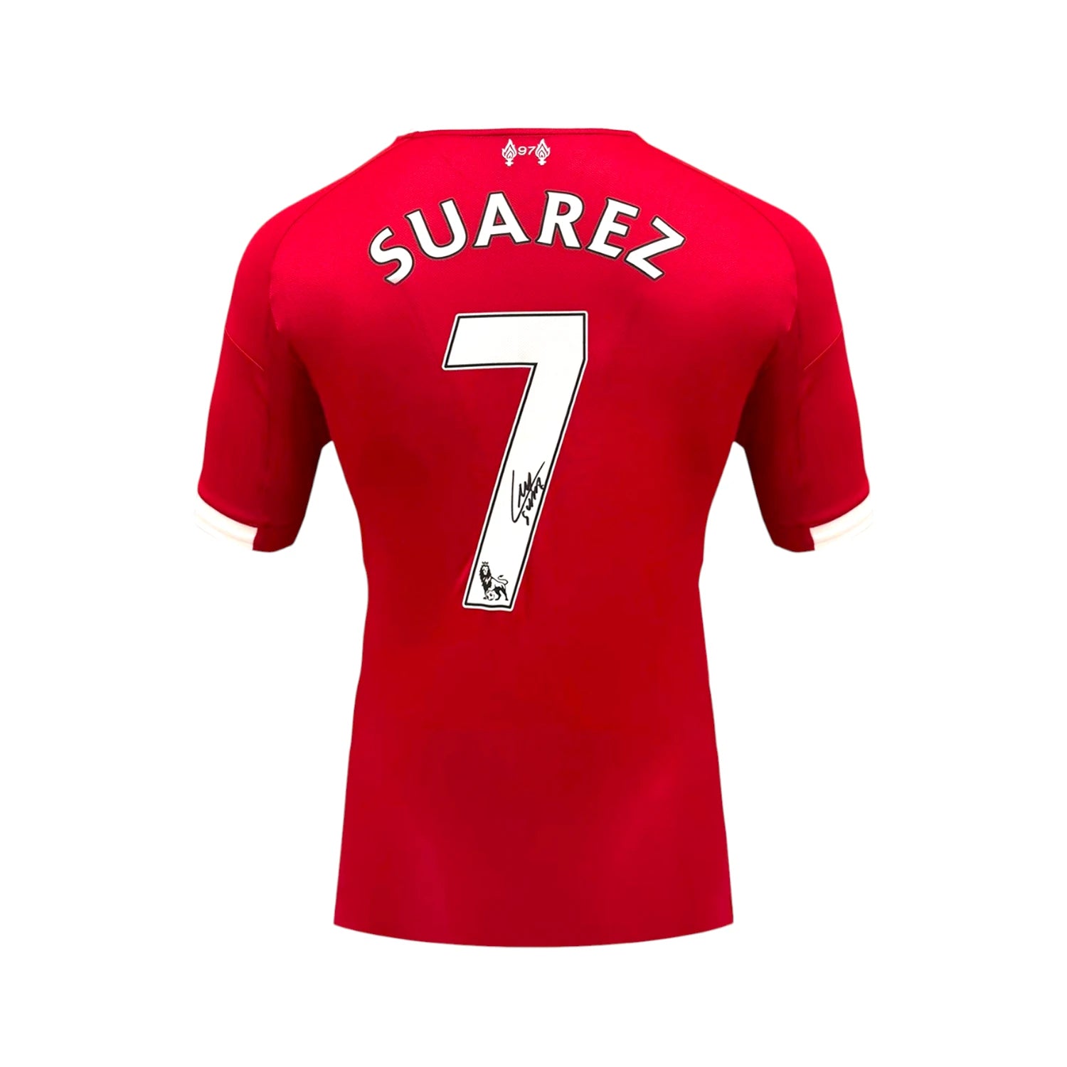 Back view of a Liverpool football shirt signed by Luis Suárez. Hoofdafbeelding