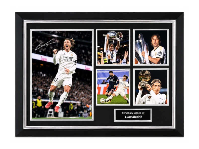 Deluxe ingelijste Real Madrid-fotocollage gesigneerd door Luka Modrić met Champions League-trofee, Ballon d’Or en naamplaatje.