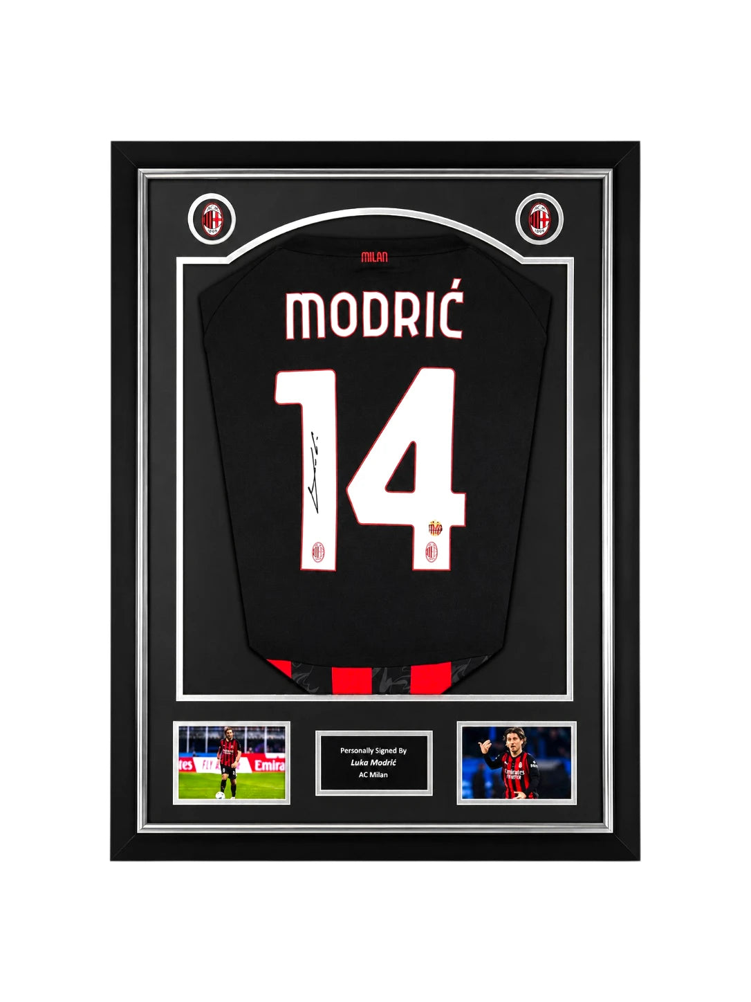 Framed Luka Modrić signed AC Milan 2025-26 home football shirt display with authentication hologram and player photos.