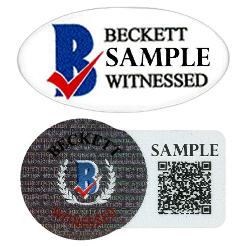 Voorbeeld van Beckett BAS Witness authenticiteitsstickers met QR-code, ter illustratie van de echtheidscontrole bij de gesigneerde bokshandschoen van Manny Pacquiao.