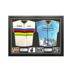 Framed UCI World Champion and Astana cycling jerseys signed by Mark Cavendish, displayed with four action photos.