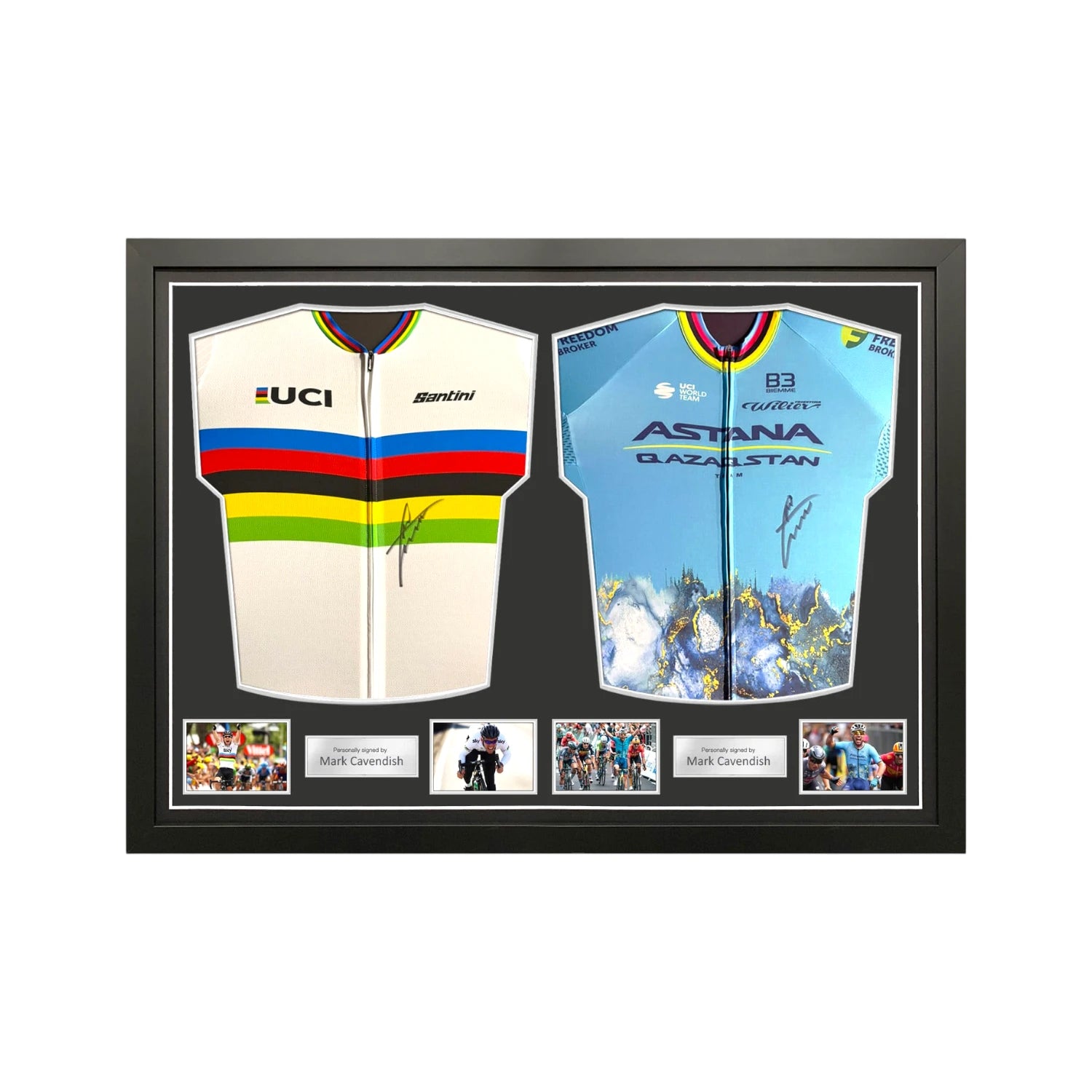 Framed UCI World Champion and Astana cycling jerseys signed by Mark Cavendish, displayed with four action photos. Main image