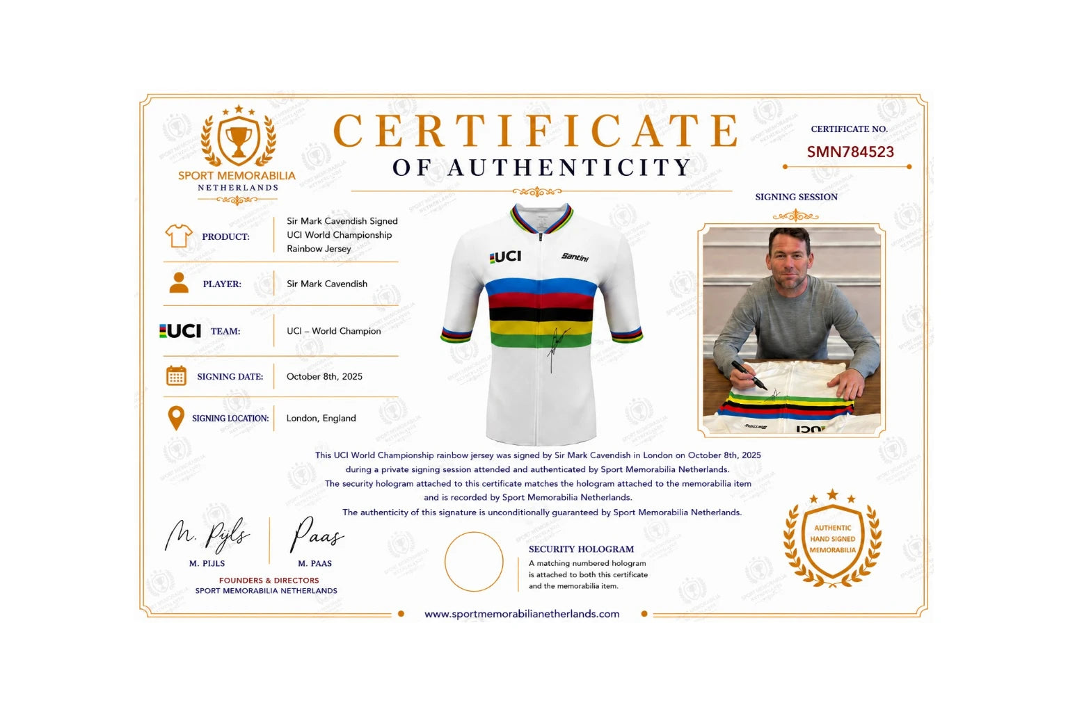 Certificate for Mark Cavendish signed official UCI World Champion rainbow jersey with private signing session photo.
