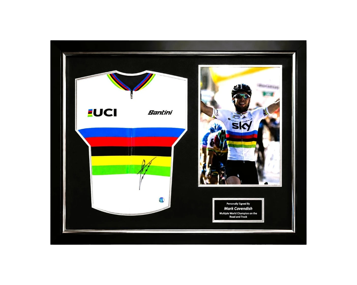 Framed official UCI World Champion rainbow jersey signed by Mark Cavendish, professionally displayed with one action photo.