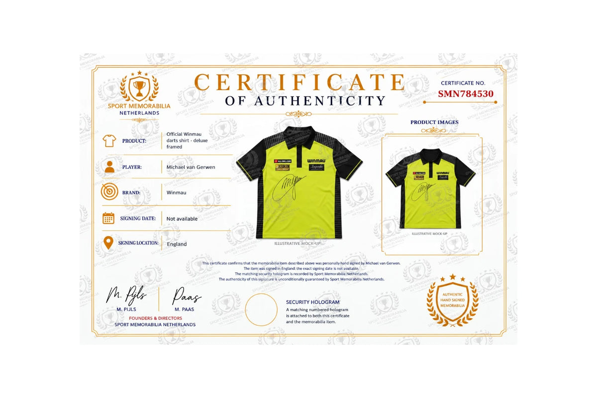 Certificaat van echtheid voor een gesigneerd Michael van Gerwen Winmau dartshirt.