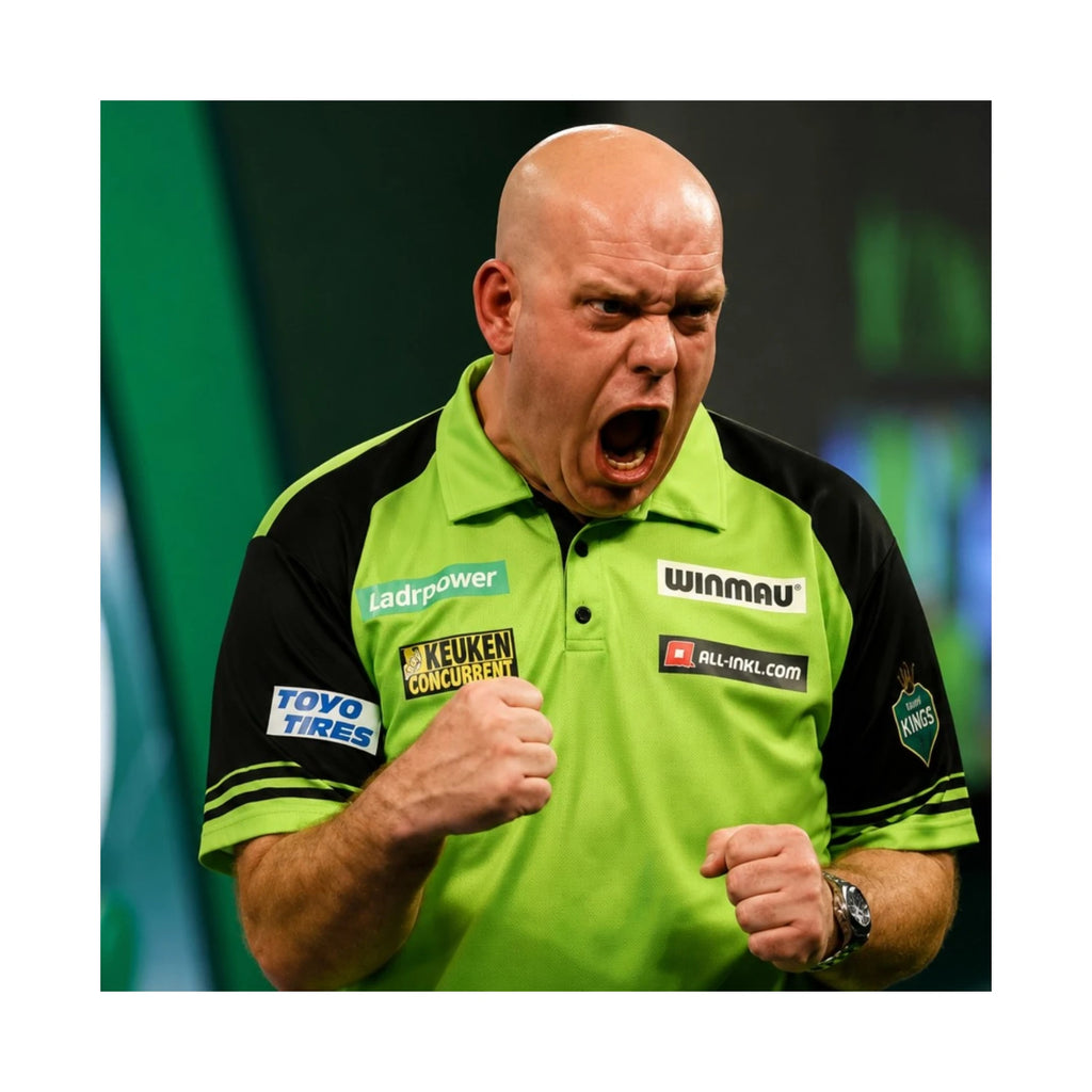 Michael van Gerwen celebrating during a professional darts match in a green Winmau darts shirt.