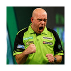 Michael van Gerwen celebrating during a professional darts match in a green Winmau darts shirt.