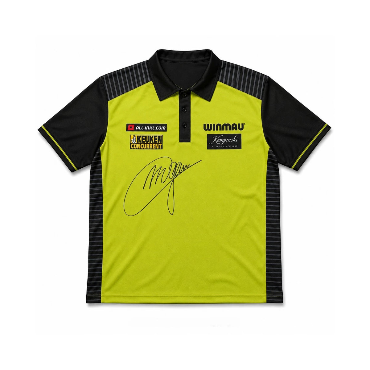 Voorkant van een groen-zwart Winmau dartshirt gesigneerd door Michael van Gerwen.