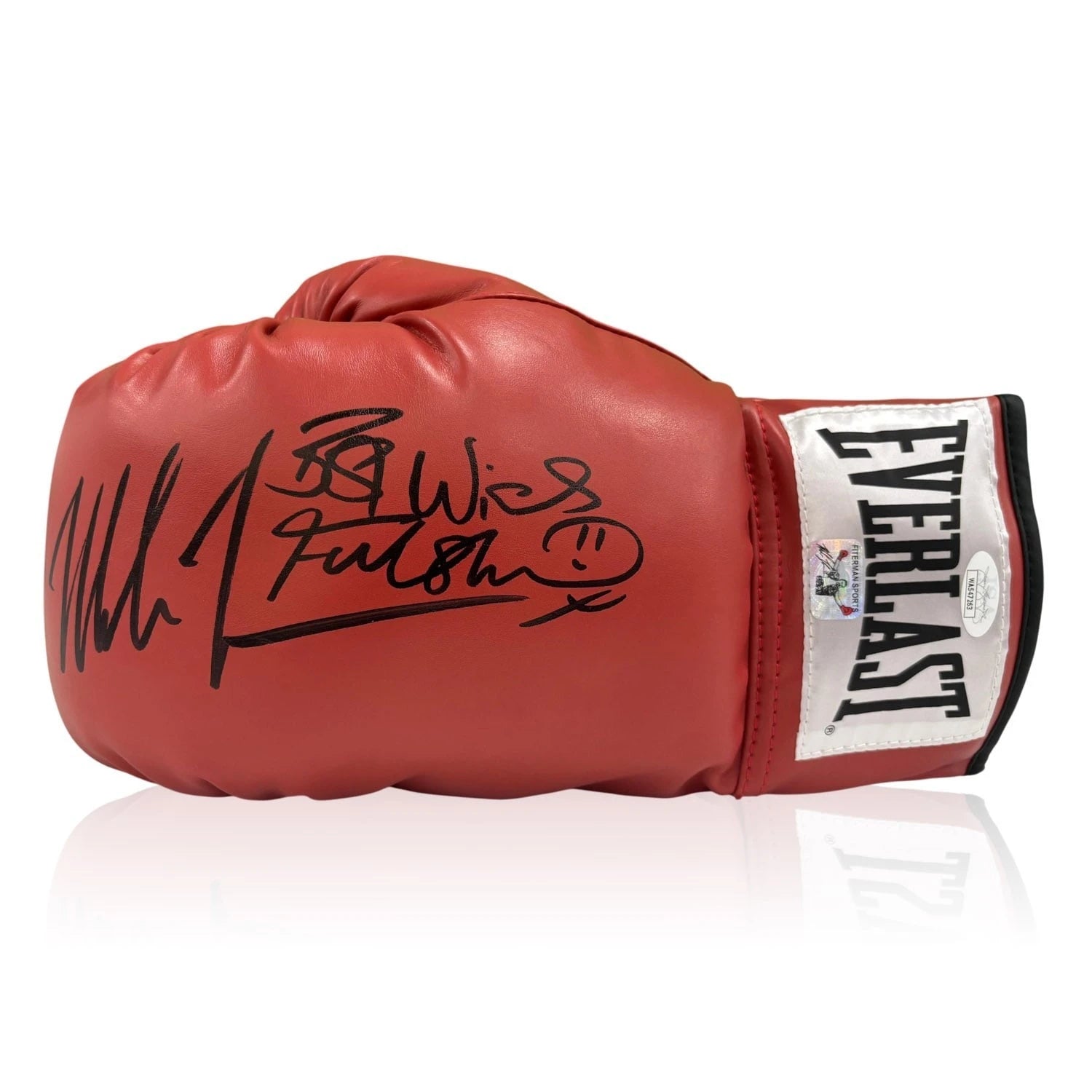 Red Everlast boxing glove signed by Mike Tyson and Frank Bruno with black inscriptions.