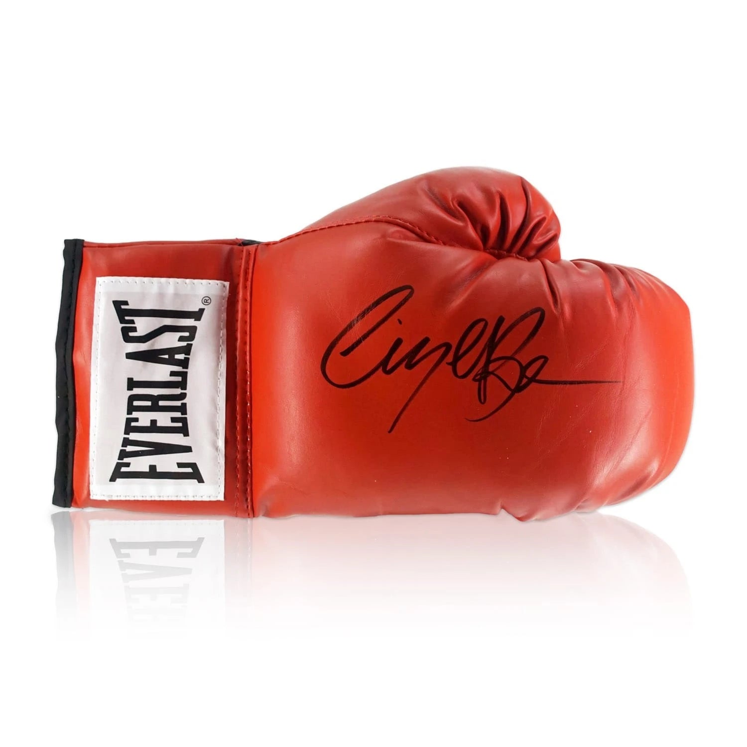 Red Everlast boxing glove signed by Nigel Benn with black signature. Main image