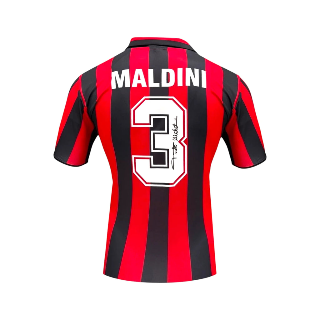 Back view of the AC Milan 1988 home football shirt signed by Paolo Maldini.