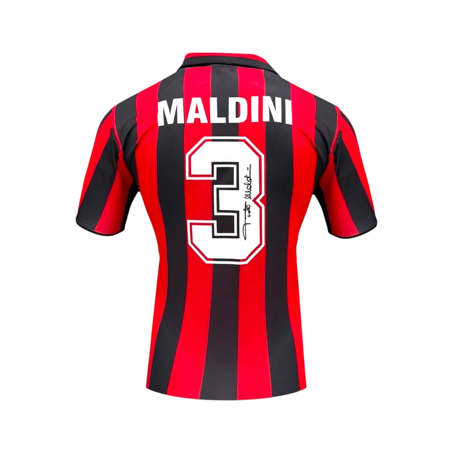Back view of the AC Milan 1988 home football shirt signed by Paolo Maldini.