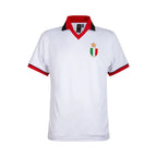 Voorkant van het witte AC Milan 1994 replica voetbalshirt van Paolo Maldini, met rood-zwarte kraag en clubembleem. Persoonlijk gesigneerd op 2 oktober 2025 in Milaan.