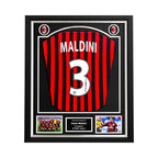 Paolo Maldini gesigneerd AC Milan Centenary 2000 Home voetbalshirt met rugnummer 3 professioneel ingelijst in Deluxe Frame.