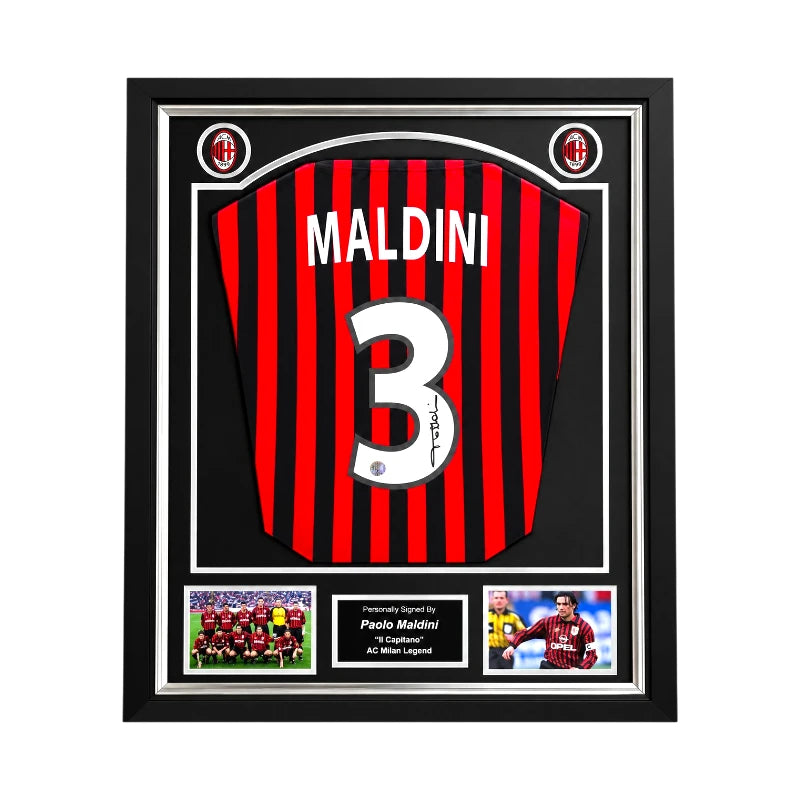 Paolo Maldini gesigneerd AC Milan Centenary 2000 Home voetbalshirt met rugnummer 3 professioneel ingelijst in Deluxe Frame.