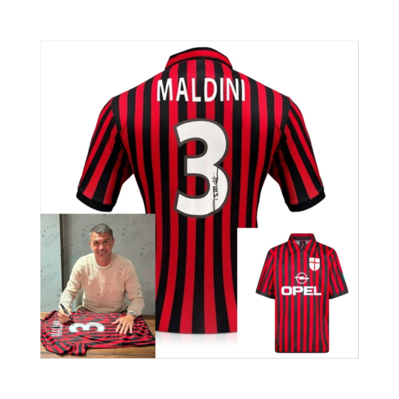 Paolo Maldini gesigneerd AC Milan Centenary 2000 Home voetbalshirt met rugnummer 3 en foto van het signeermoment.