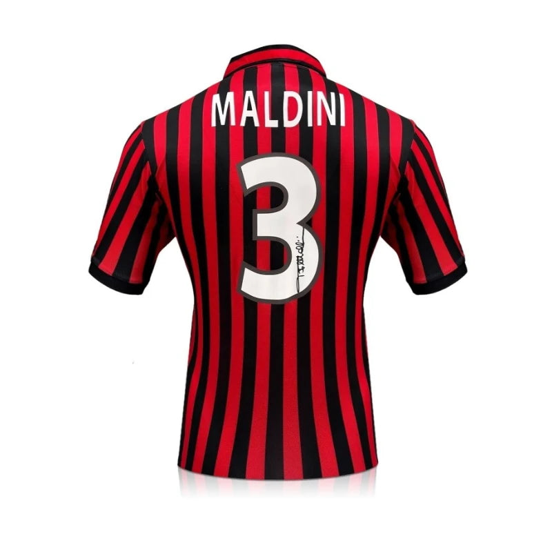 Paolo Maldini gesigneerd AC Milan voetbalshirt met rugnummer 3, achterkant.