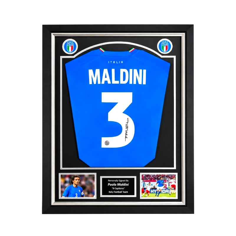Paolo Maldini gesigneerd Italië voetbalshirt met rugnummer 3 professioneel ingelijst in Deluxe Frame.