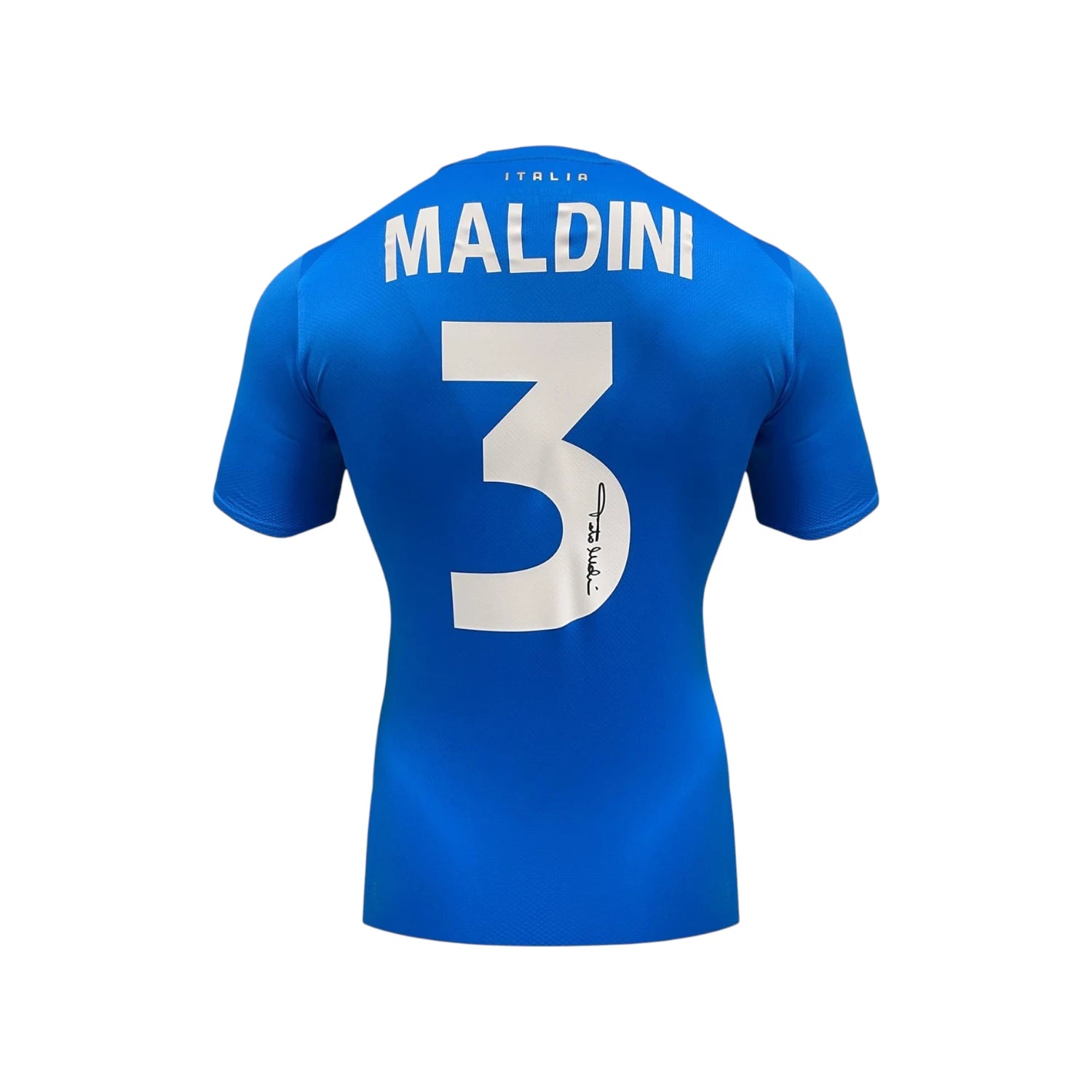 Back view of the official Italy 2022 football shirt signed by Paolo Maldini.