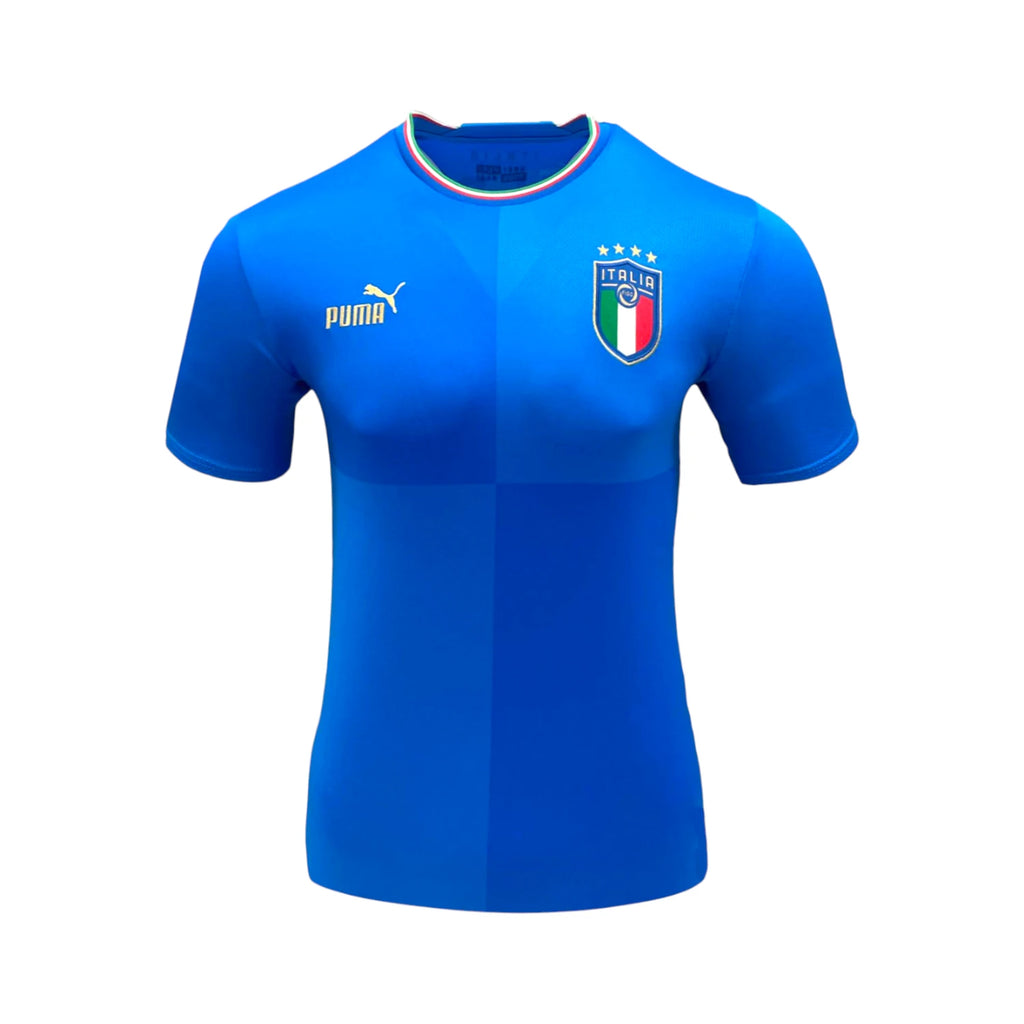 Front view of the official Italy 2022 home football shirt.