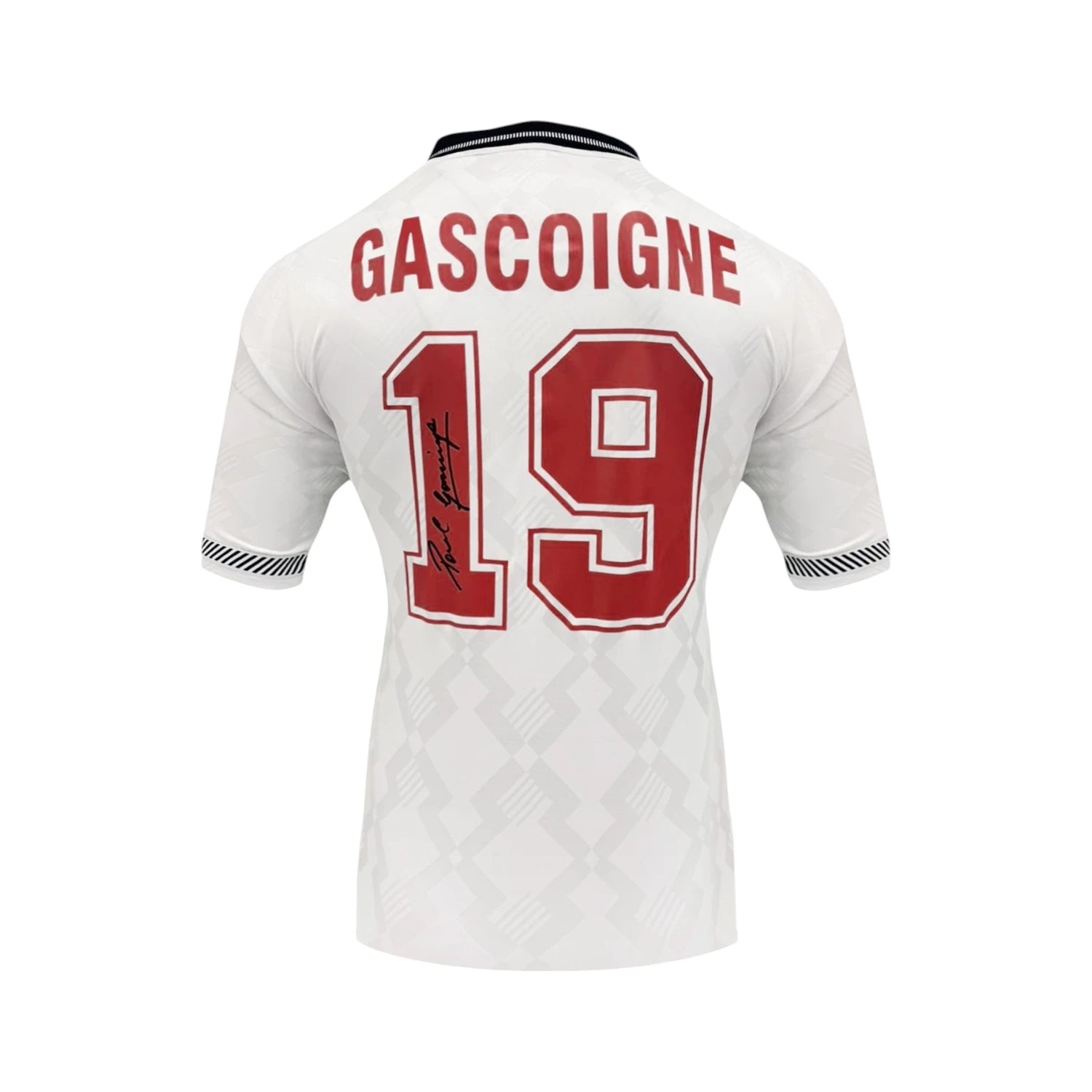Back view of the official England 1990 football shirt signed by Paul Gascoigne.
