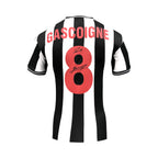 Back of a black and white Newcastle United 1984 number 8 shirt signed by Paul Gascoigne with Gazza inscription.