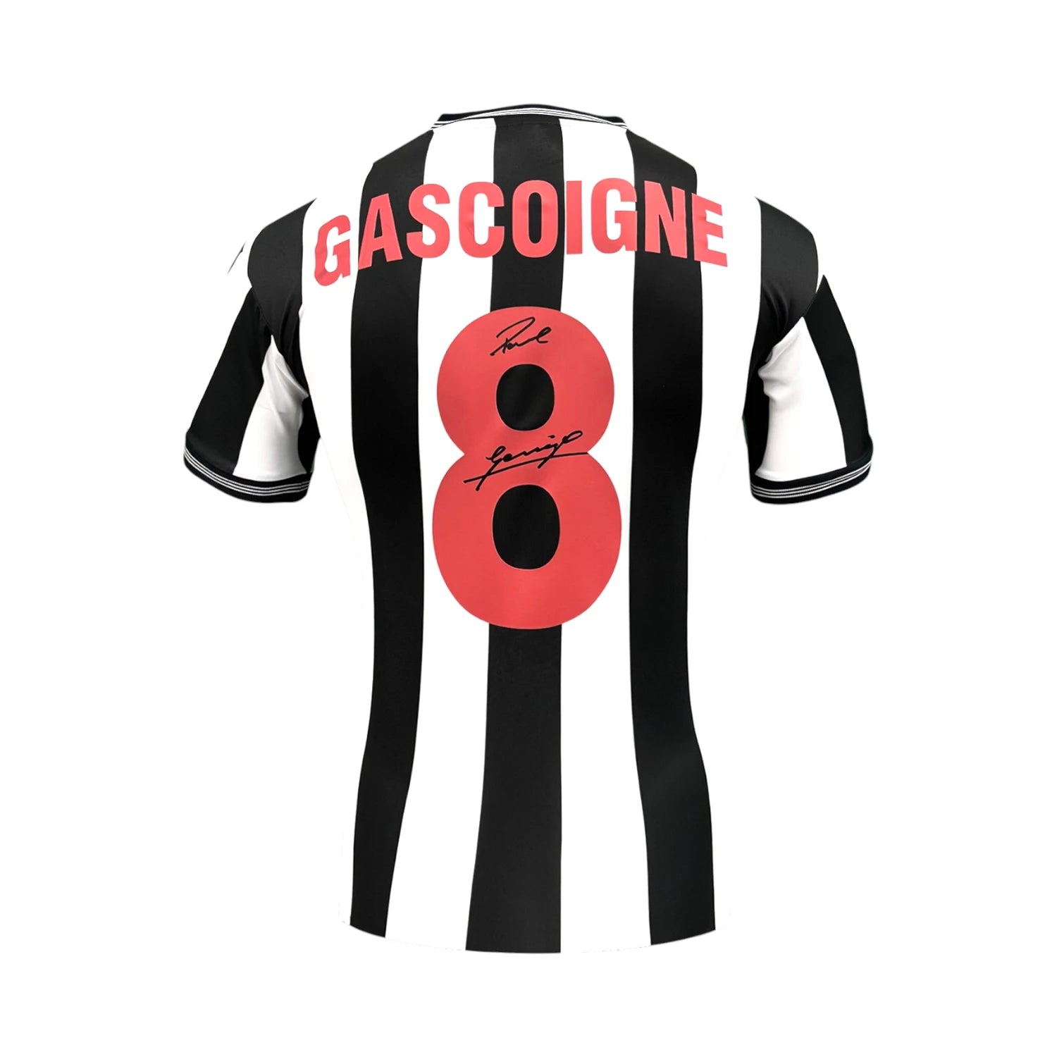 Back of a black and white Newcastle United 1984 number 8 shirt signed by Paul Gascoigne with Gazza inscription. Main image