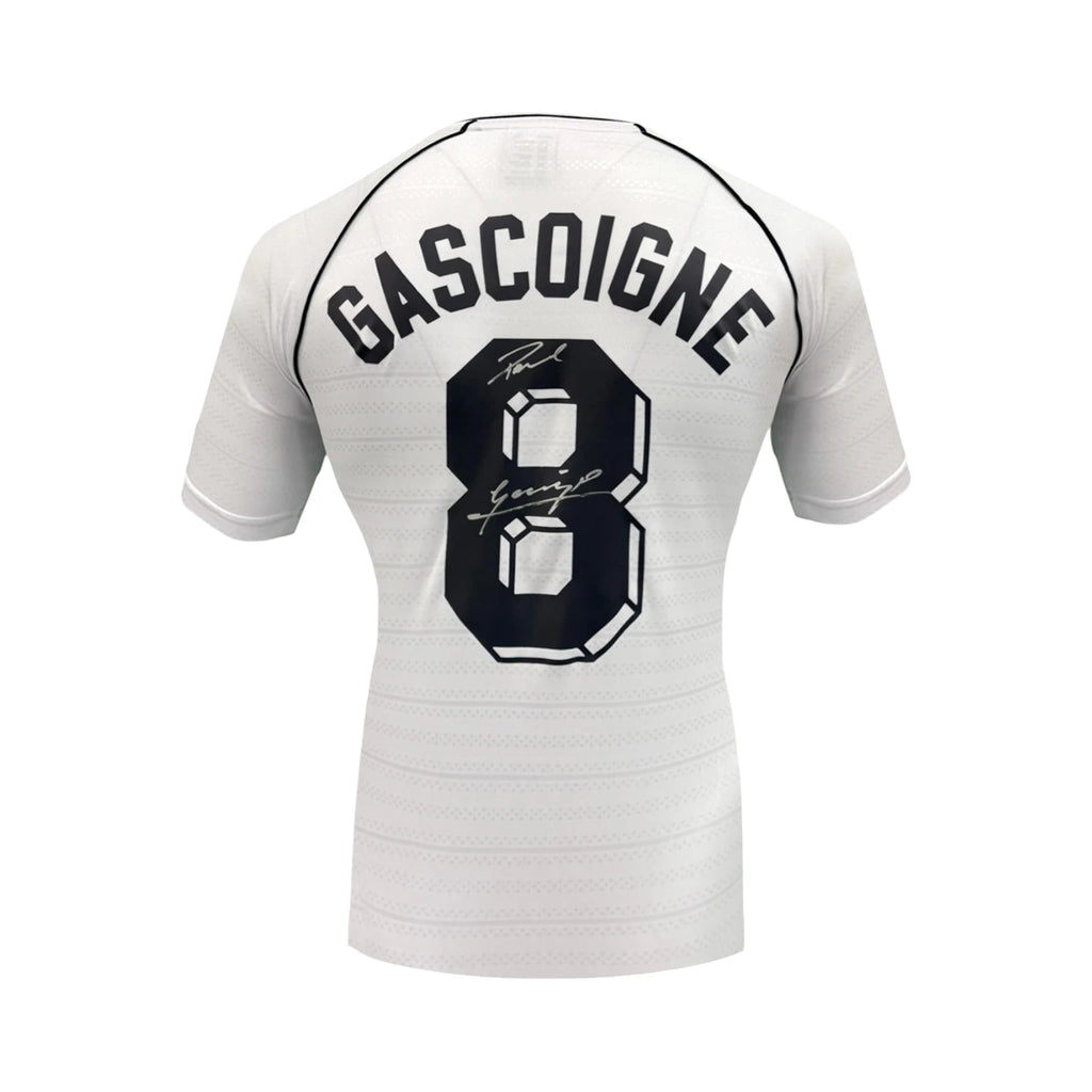 Back of a white Tottenham 1991 FA Cup semi-final number 8 shirt signed by Paul Gascoigne with Gazza inscription.