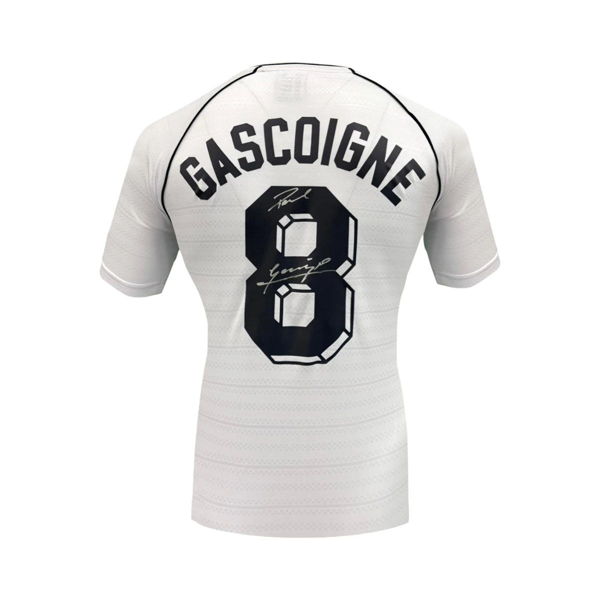 Back of a white Tottenham 1991 FA Cup semi-final number 8 shirt signed by Paul Gascoigne with Gazza inscription.