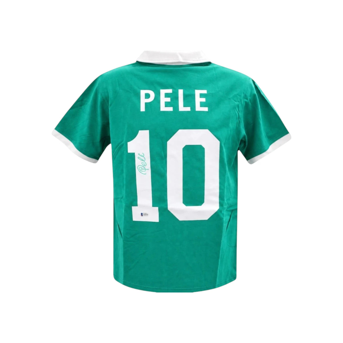 Achterkant van een groen nummer 10 voetbalshirt gesigneerd door Pelé met Beckett-authenticatiesticker. Hoofdafbeelding