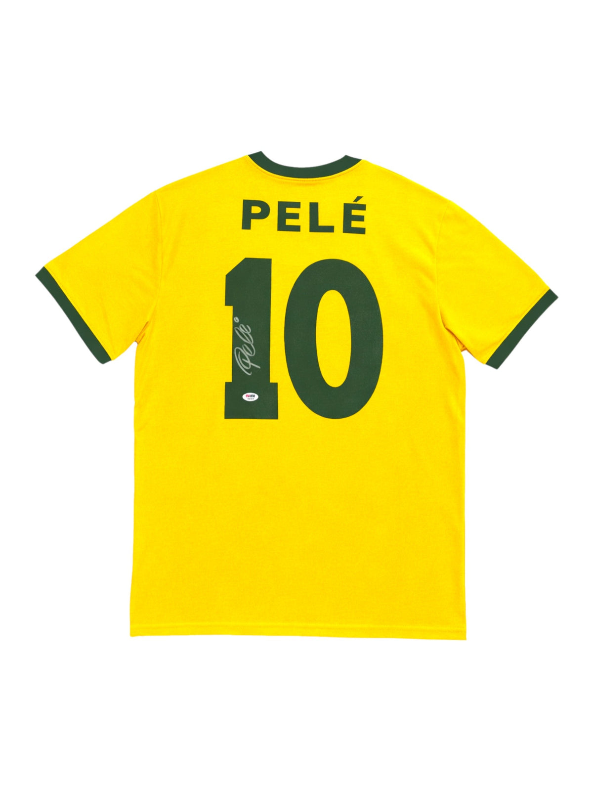 Back of a yellow Brazil number 10 football shirt signed by Pele. Hoofdafbeelding