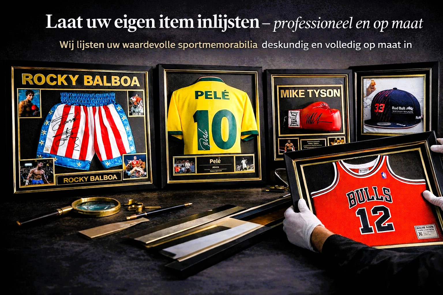 Professionele inlijstservice voor gesigneerde sportmemorabilia, shirts, bokshandschoenen en andere verzamelobjecten.