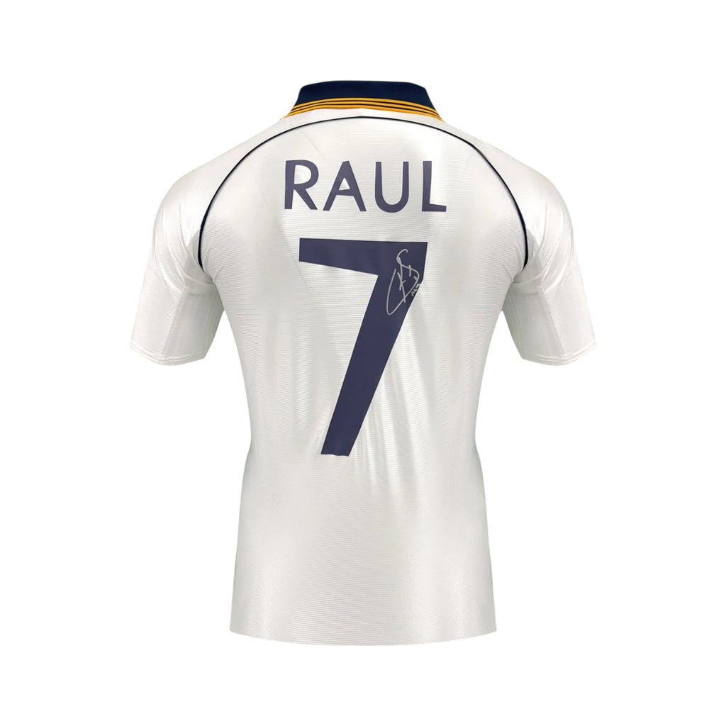 Back view of the Real Madrid 1999-2000 home football shirt signed by Raúl González Blanco.