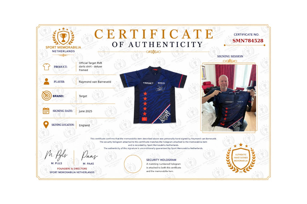 COA for Raymond van Barneveld signed Target RVB darts shirt with signing proof.