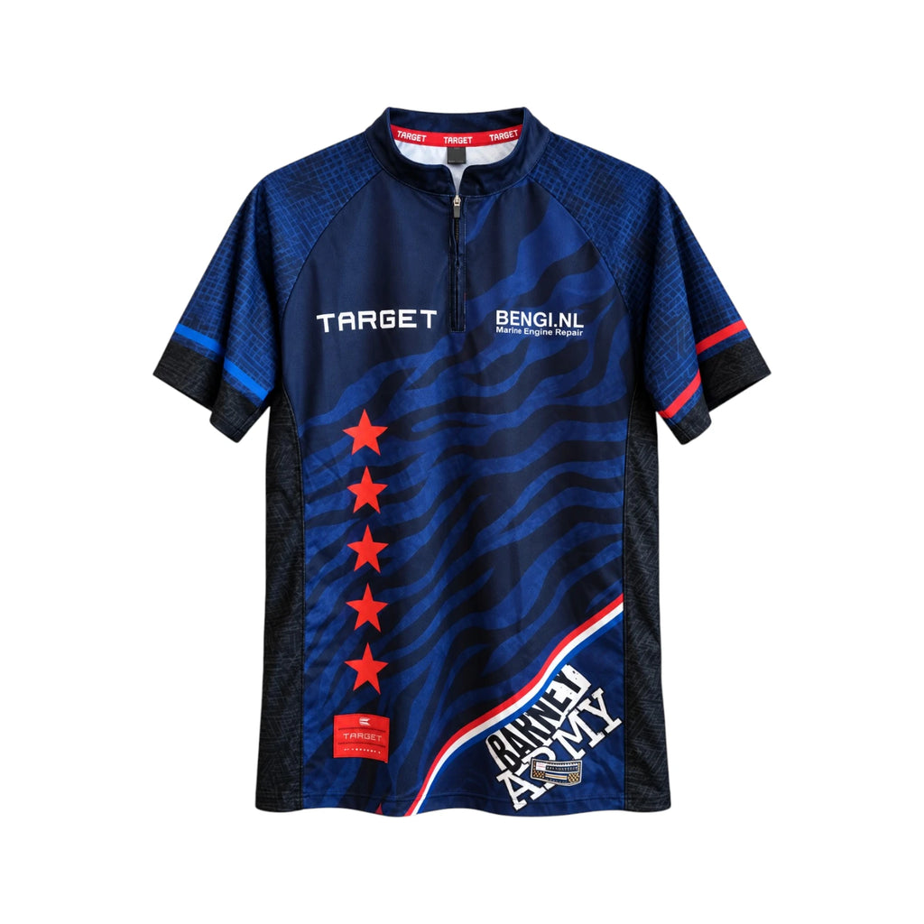 Raymond van Barneveld Target RVB darts shirt front in blue with red stars.