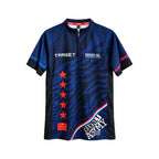 Raymond van Barneveld Target RVB darts shirt front in blue with red stars.