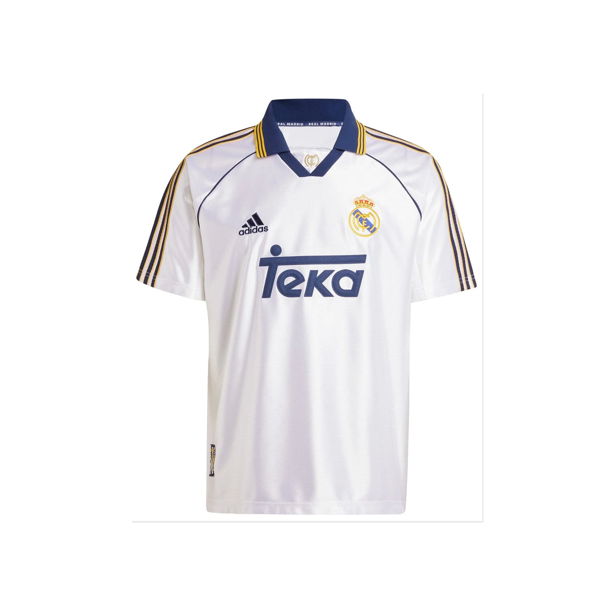 Voorkant van het witte Real Madrid 1999-2000 thuisshirt van Adidas met Teka-sponsor en clublogo.