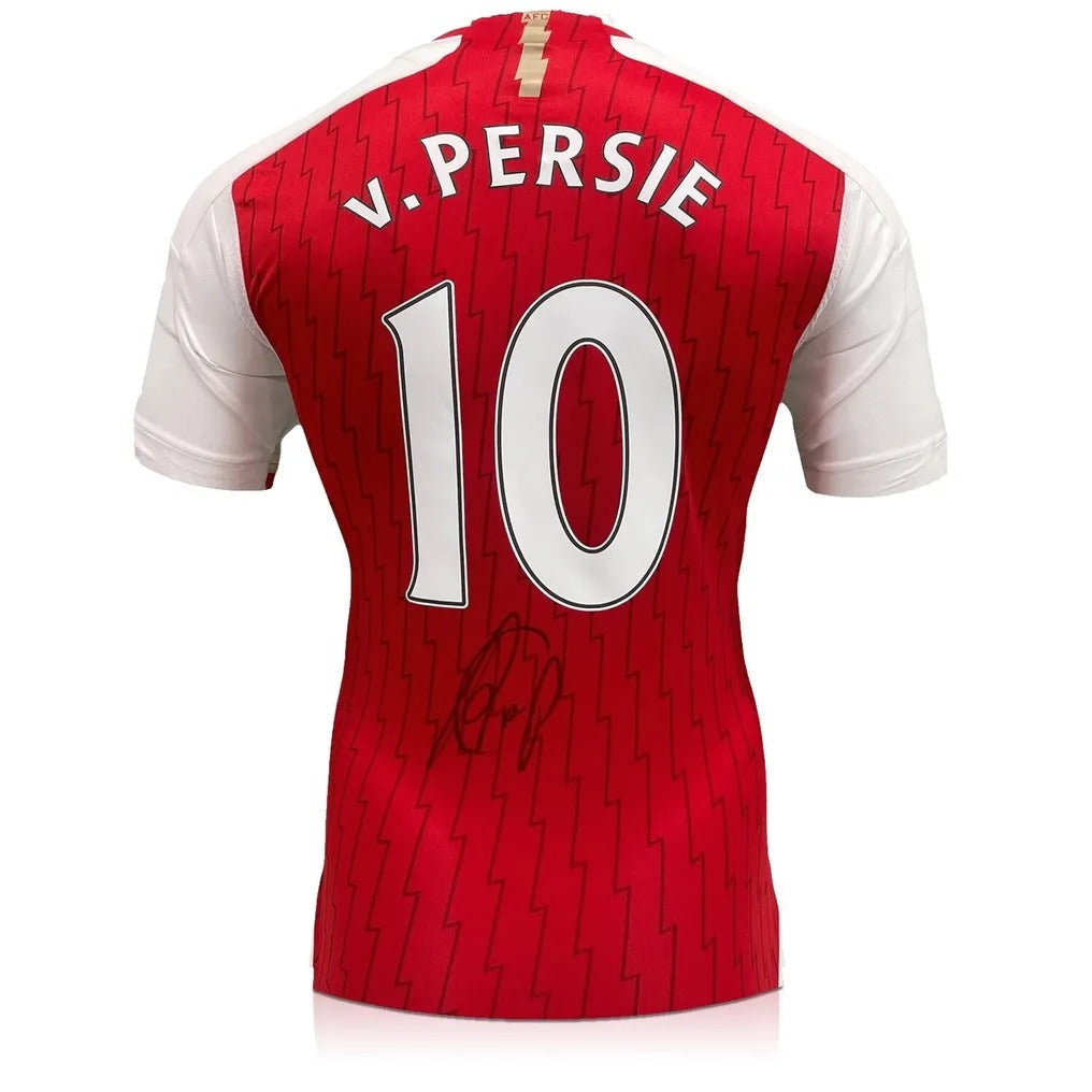 Achterkant van een rood Arsenal nummer 10 voetbalshirt gesigneerd door Robin van Persie.