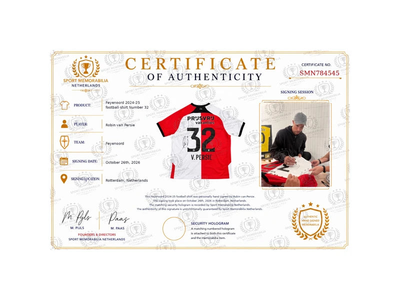 Certificaat van echtheid van Sport Memorabilia Netherlands voor een door Robin van Persie gesigneerd Feyenoord voetbalshirt 2024/2025 met rugnummer 32, inclusief signeerbewijs.