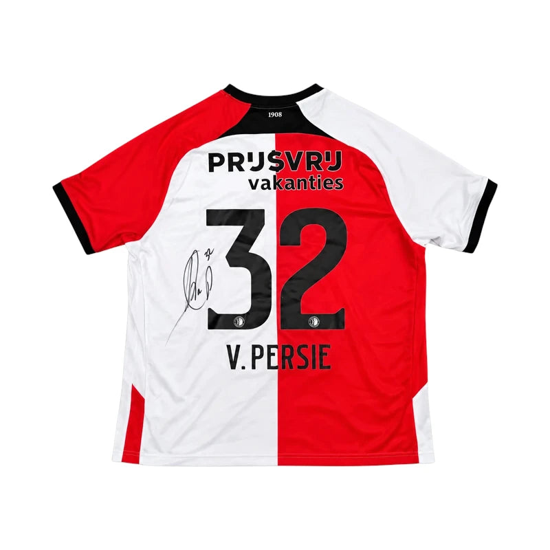 Achterkant van het door Robin van Persie gesigneerde Feyenoord thuisshirt 2024/2025, rood-wit voetbalshirt met naam V. Persie, rugnummer 32 en zwarte handtekening.