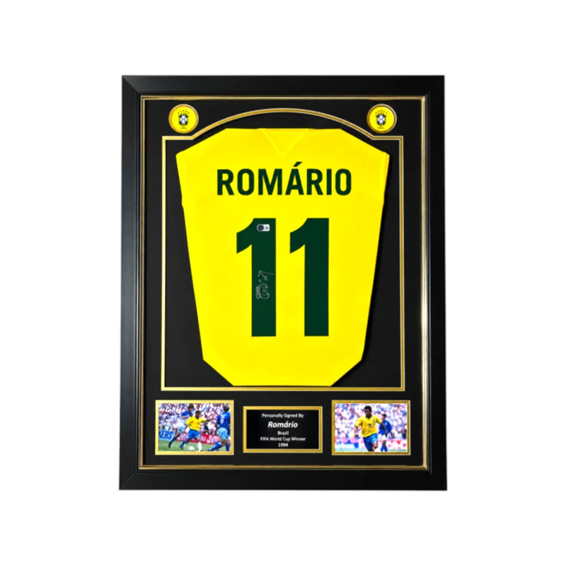 Romário de Souza Faria gesigneerd Brazilië voetbalshirt met rugnummer 11, professioneel ingelijst in Deluxe Frame
