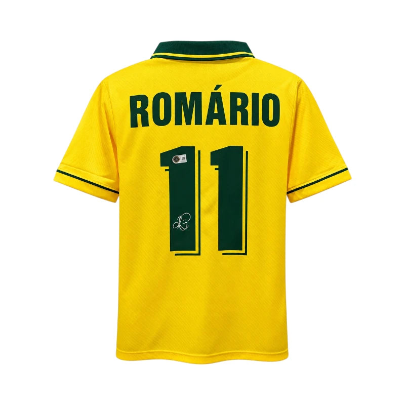 Romário gesigneerd Brazilië voetbalshirt met rugnummer 11, achterkant met handtekening.