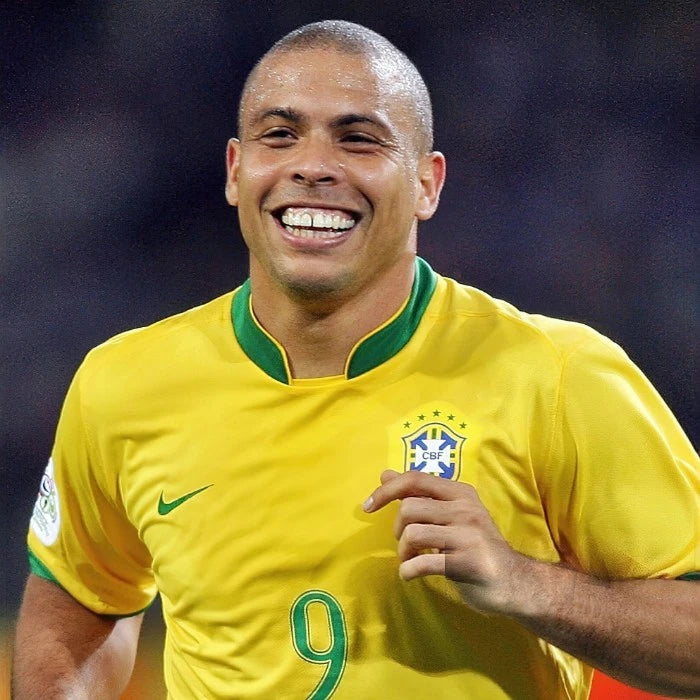 Ronaldo de Lima wearing a Brazil football shirt number 9 during an international football match.